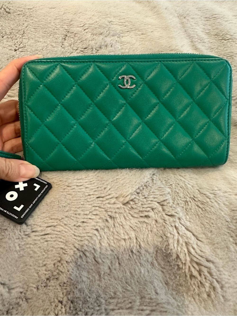 CHANEL Green Quilted Zip Wallet with Silver CC
